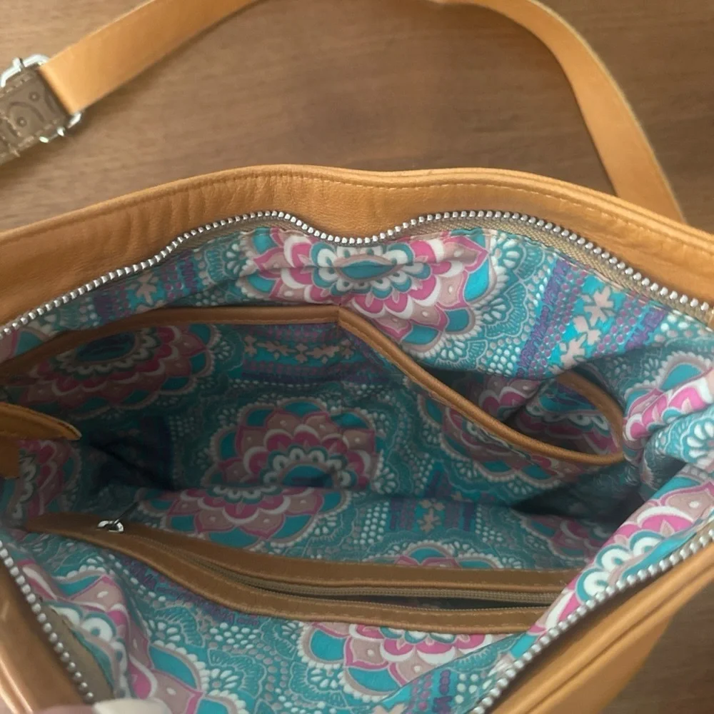 Mahiya Leather Tan Fringe Shoulder Bag with Floral Hand Tooling and Stone Inlay